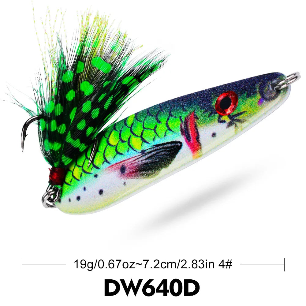 PRO BEROS 19g 7.2cm Long Cast Printed Lure Spoon Metal Bait All Water Layers Trembling Simulation Fishing Lure with Feathers