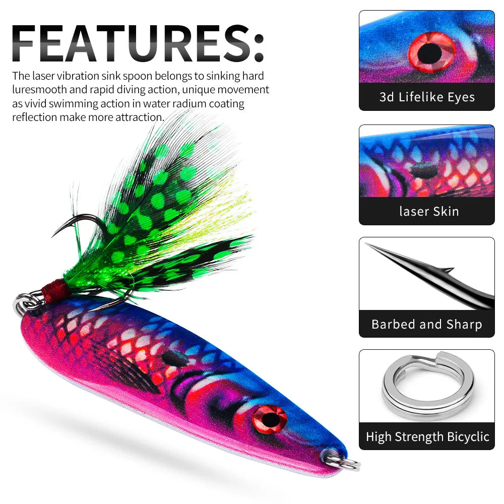 PRO BEROS 19g 7.2cm Long Cast Printed Lure Spoon Metal Bait All Water Layers Trembling Simulation Fishing Lure with Feathers