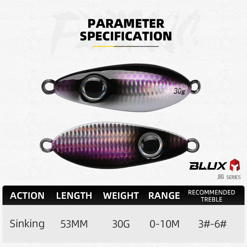 BLUX Flyspoon Metal Jig Spoon Fishing Lure 30G Artificial Bait Shore Hard Slow Jigging Longcast Sea Bass Tuna Saltwater Tackle