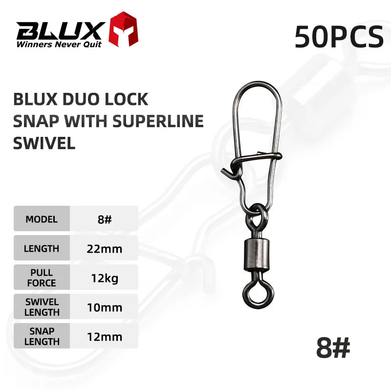 BLUX 50pcs Lock Snap with Superline Swivel Stainless Steel Lure Loop Quick Change Fishing Clips Fast Speed Connector Terminal