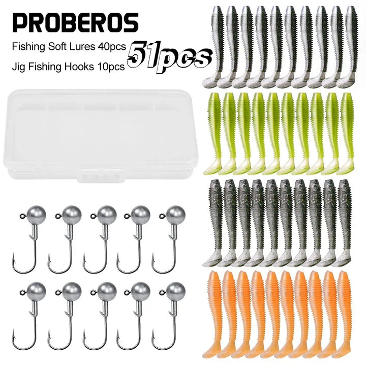 PRO BEROS 51pcs Soft Fishing Lures Kit Silicone Lure Set Artificial Bait Worm with Crank Jig Head Hook HOOK:3.5g Soft:1.8g