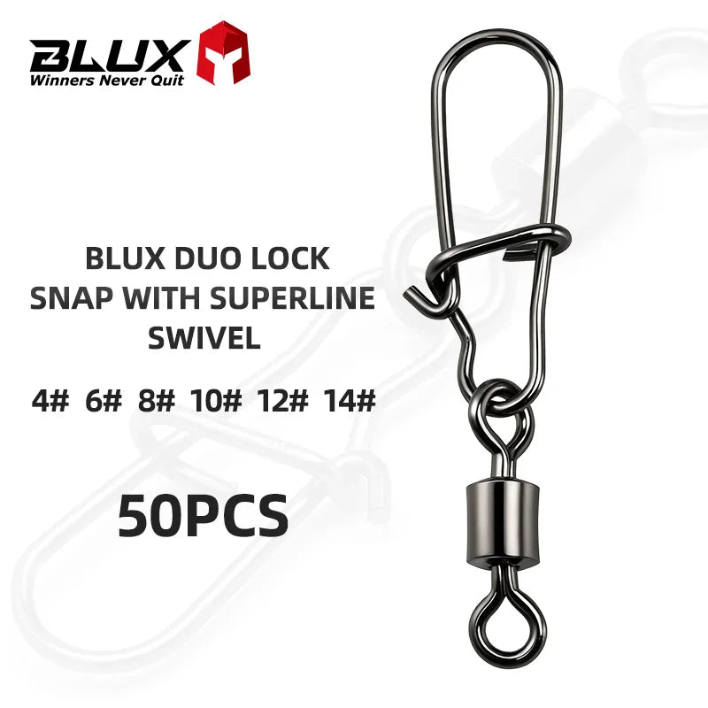 BLUX 50pcs Lock Snap with Superline Swivel Stainless Steel Lure Loop Quick Change Fishing Clips Fast Speed Connector Terminal
