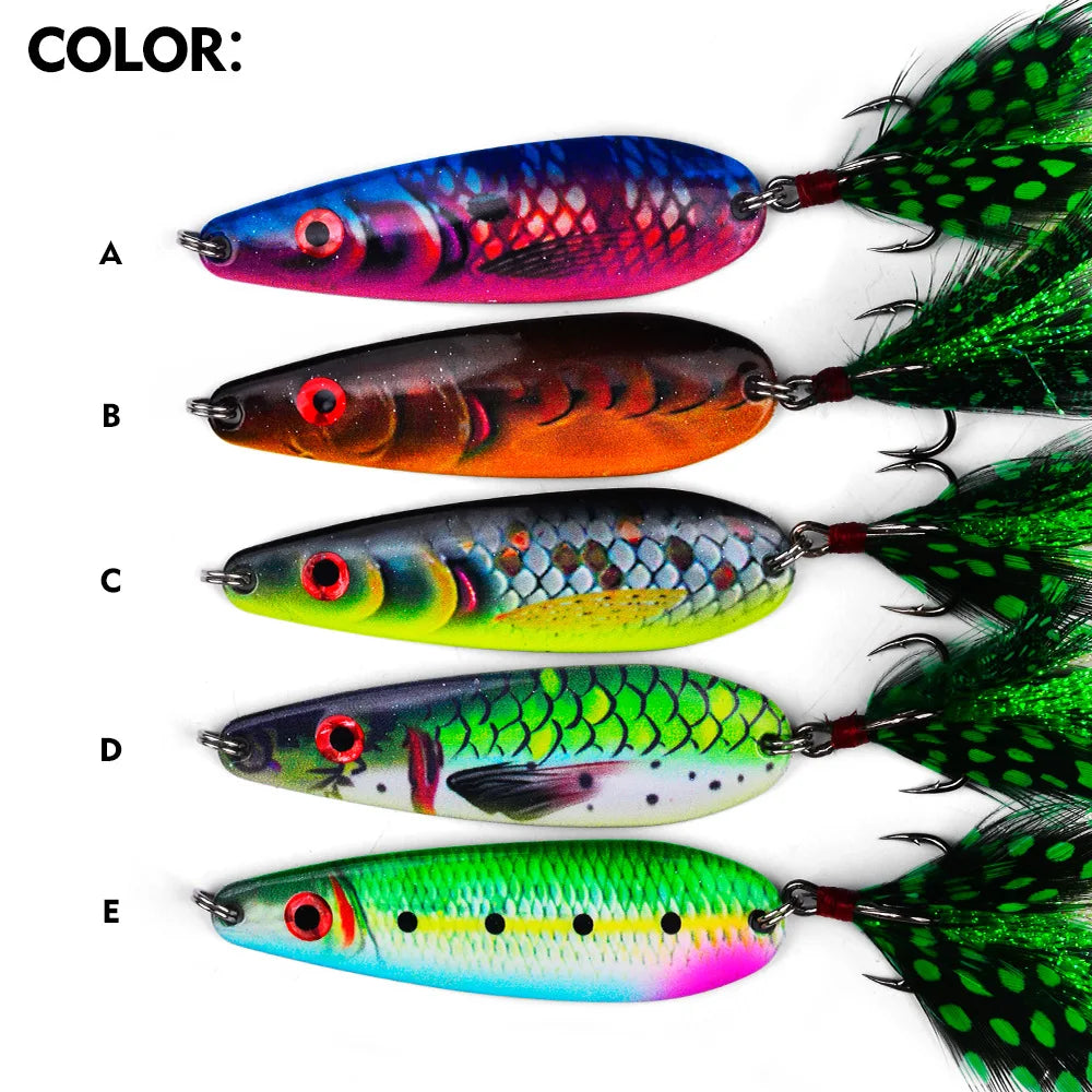 PRO BEROS 19g 7.2cm Long Cast Printed Lure Spoon Metal Bait All Water Layers Trembling Simulation Fishing Lure with Feathers