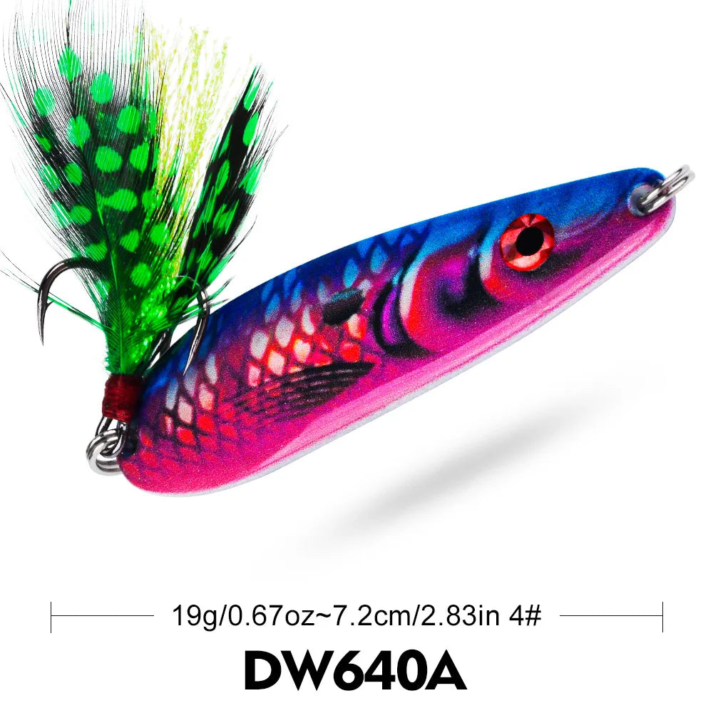 PRO BEROS 19g 7.2cm Long Cast Printed Lure Spoon Metal Bait All Water Layers Trembling Simulation Fishing Lure with Feathers