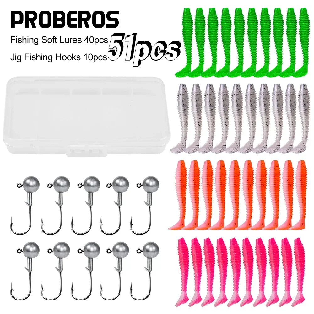 PRO BEROS 51pcs Soft Fishing Lures Kit Silicone Lure Set Artificial Bait Worm with Crank Jig Head Hook HOOK:3.5g Soft:1.8g