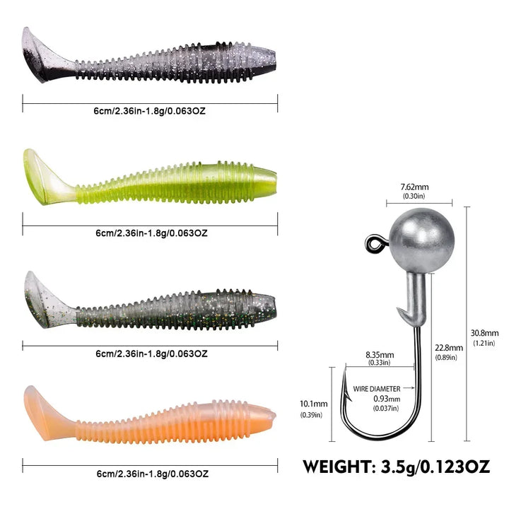 PRO BEROS 51pcs Soft Fishing Lures Kit Silicone Lure Set Artificial Bait Worm with Crank Jig Head Hook HOOK:3.5g Soft:1.8g