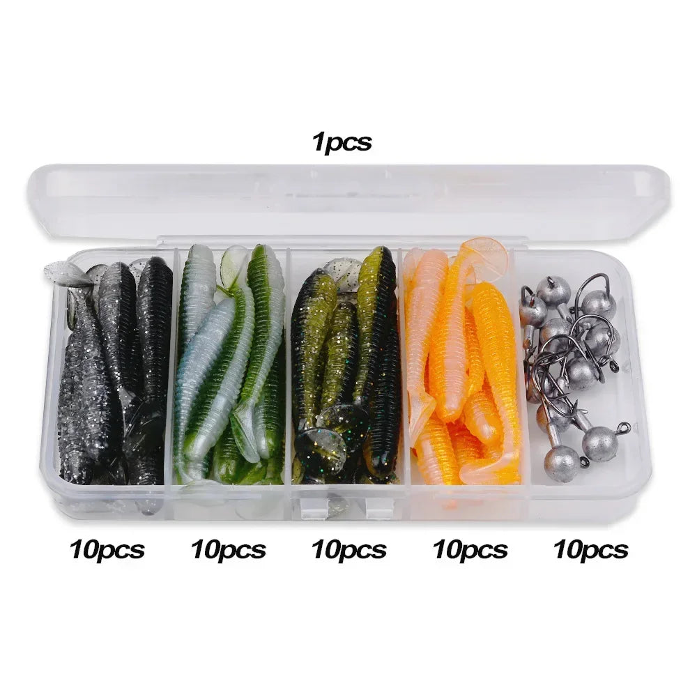 PRO BEROS 51pcs Soft Fishing Lures Kit Silicone Lure Set Artificial Bait Worm with Crank Jig Head Hook HOOK:3.5g Soft:1.8g