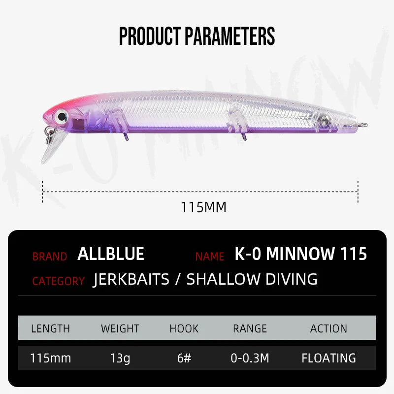 ALLBLUE K-0 Minnow Top Water Wobbler 115mm 13g Fishing Lure Floating Jerkbaits Shallow Diving Hard Bait 0-0.3M Pike Bass Tackle