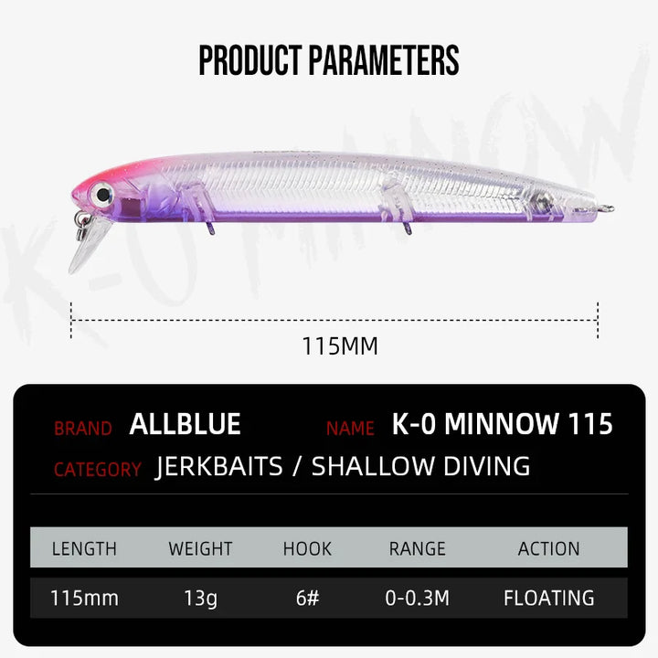 ALLBLUE K-0 Minnow Top Water Wobbler 115mm 13g Fishing Lure Floating Jerkbaits Shallow Diving Hard Bait 0-0.3M Pike Bass Tackle