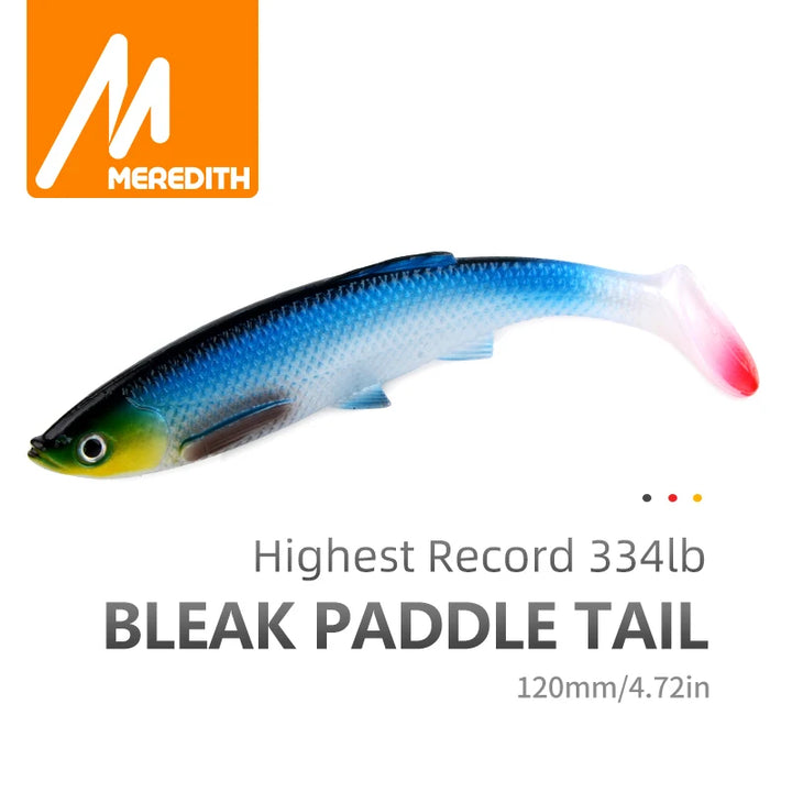 MEREDITH 4.73" Bleak Paddle Tail 14.5g 4pcs 120mm Fishing Soft Lures 3D Eyes T Tail Artificial Bait Plastic Pike Fishing Lures