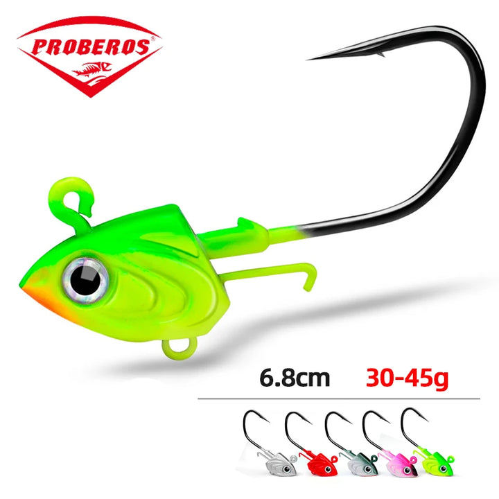 PRO BEROS 1Pcs 30g 35g 45g Head Jig Hooks for Soft Worm Fishing Tackle Sea Fishing Hook Lure Fish Head Shape Bait