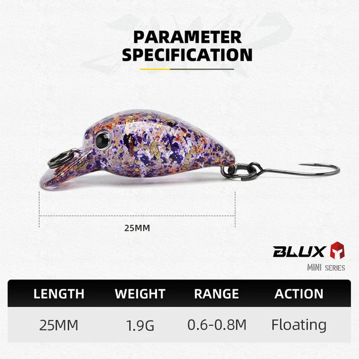 BLUX JUMP 1.9g 25mm Mini Crankbait Wobbler Trout Fishing Lure Freshwater Minnow Crank Artificial Hard Bait Fishing Tackle