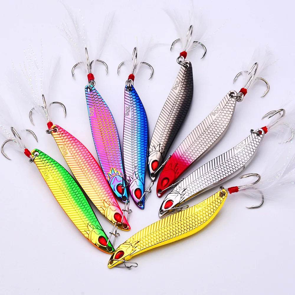 PROBEROS Spinner Spoon Metal Lure – Leech Feather Treble Hook - Fish & Cheaps | Fishing & Outdoor Gear