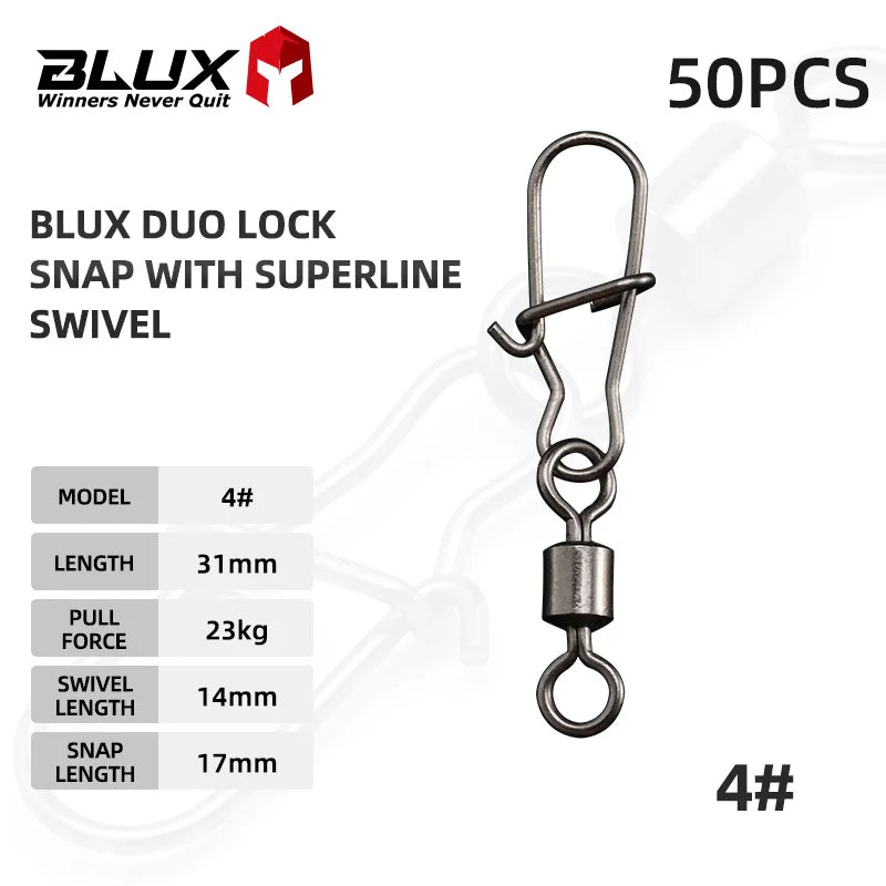 BLUX 50pcs Lock Snap with Superline Swivel Stainless Steel Lure Loop Quick Change Fishing Clips Fast Speed Connector Terminal