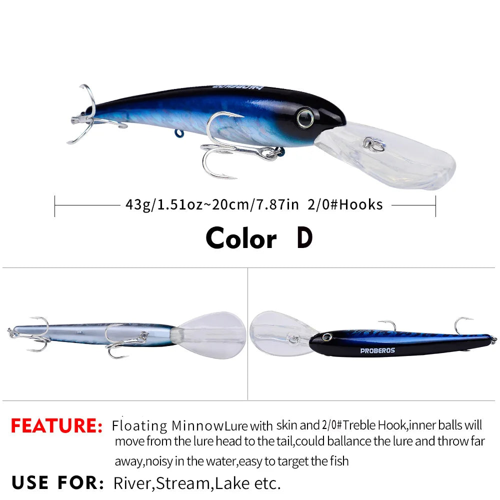 Topwater Laser Minnow Fishing Lure, Artificial Hard Bait, Fishing Hooks, Fish Wobbler Tackle Crankbait, Swimbait, 20cm, 43g