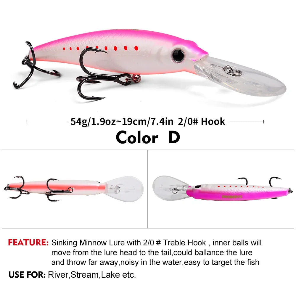 1PCS Sinking Laser Minnow Fishing Lure 19CM 54G Pesca Hooks Fish Wobbler Tackle Crankbait Artificial Japan Hard Bait Swimbait
