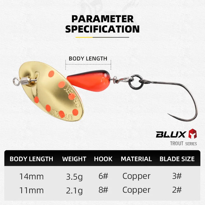 BLUX AR-S Rotating Spinner Metal Lure 2.1g/3.5g Single Hook Artificial Bait Copper Blade Spoon Stream Area Trout Fishing Lure