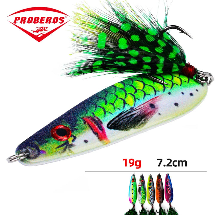 PRO BEROS 19g 7.2cm Long Cast Printed Lure Spoon Metal Bait All Water Layers Trembling Simulation Fishing Lure with Feathers