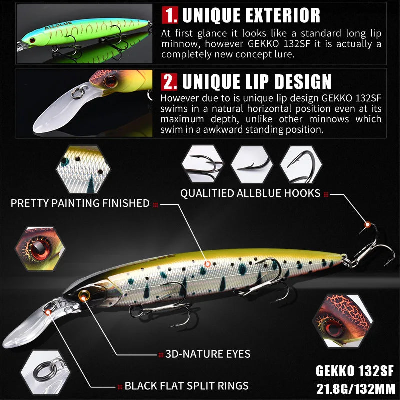 ALLBLUE GEKKO 132SF Fishing Lure 132mm 22g Wobbler Slow Floating Minnow Longbill Crankbait Pike Plastic Bait Fishing Tackle