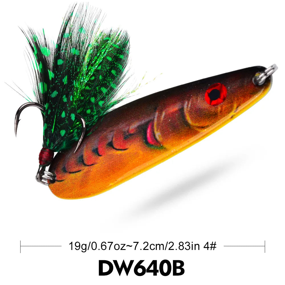 PRO BEROS 19g 7.2cm Long Cast Printed Lure Spoon Metal Bait All Water Layers Trembling Simulation Fishing Lure with Feathers