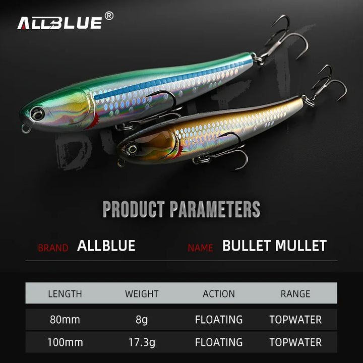 ALLBLUE BULLET MULLET 80mm/100mm Topwater Pencil Surface Walker Floating Fishing Lure Walk The Dog Saltwater Bass Hard Bait